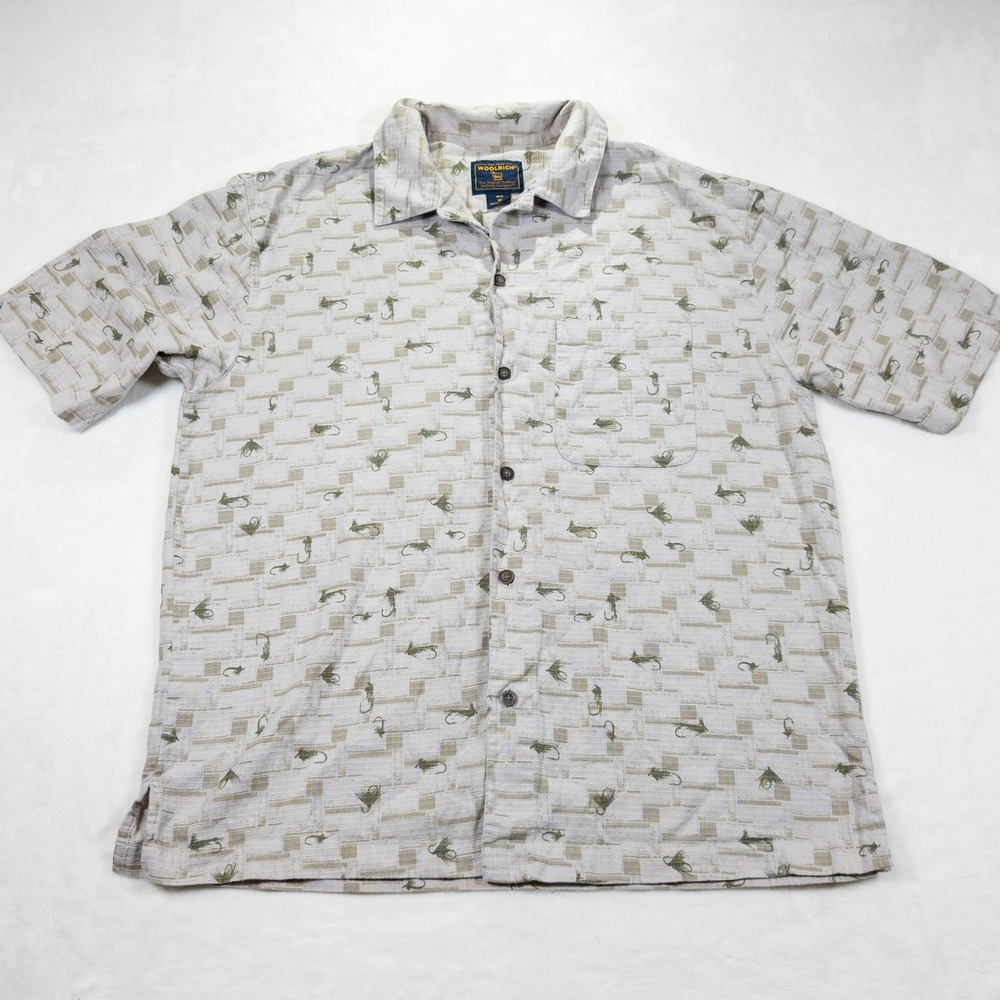 Woolrich Fly Fishing Print Shirt Men M Beige Short Sleeve Casual Button Up